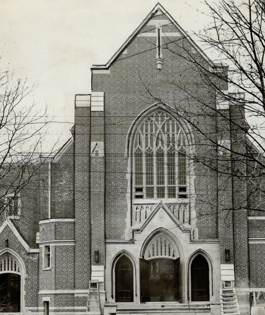 New high park Presbyterian church dedication to-night, The photograph here shows a front view of the new $80,000 High Park dedicated, to-night, at a special service