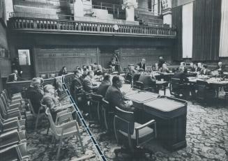 City hall - without the 'Holy Rail', Department heads sit behind the spot (broken line) where a 17-foot section of railing was removed from the council chamber at city hall