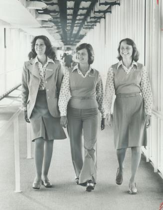 The new look at ontario place, As Ontario Place starts its sixth year, the guides are outfitted in new uniforms , modelled by (from the left) Elaine Tenenbum, Pamela Burgoon and Sandy West