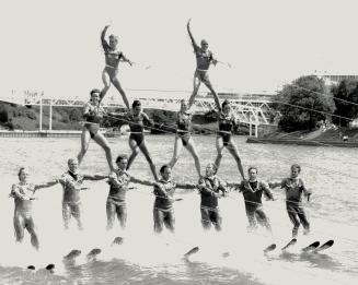 Pyramid on skis: Thirteen performers in the Canadian National Exhibition's Aquarama '87 take part in this daring water-skiing feat at the fair's waterfront