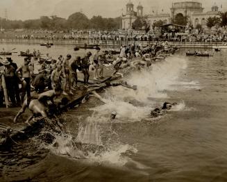 All in at once for big C.N.E. Swim, Splash, and 80 men plunge for the 10-mile marathon swim at Ex - $ 350 has brought entries from all over the continent, hibition Park to-day
