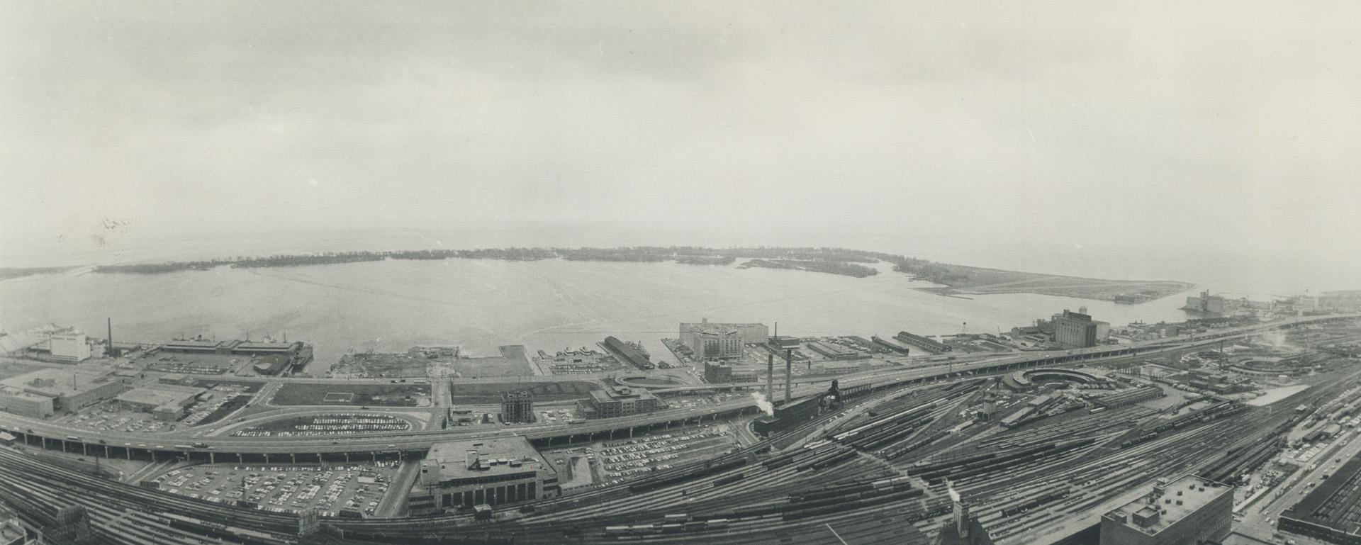 Image shows an aerial view of the Harbour and the lake.
