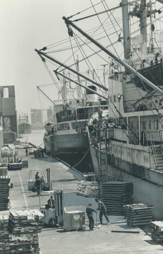 Image shows two ships unloading cargo.