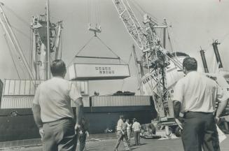 Image shows a few people watching a container crane in operation.