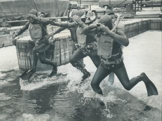 Image shows police divers plunging into the water.