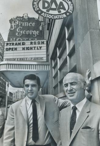 The Prince George Hotel, sold last year by the Smith brothers, will be demolished and its contents, beds to barstools, auctioned. Here are Noel Smith, present manager, and his uncle, Percy Smith