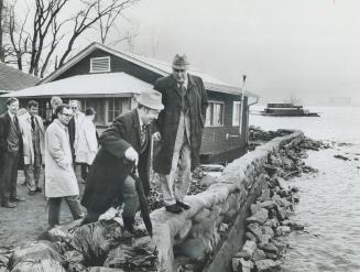 Alderman Fred Beavis, the chairman of Metro Parks committee, tests a sandbag dike on Ward's Island today during a tour by his committee and others to (...)