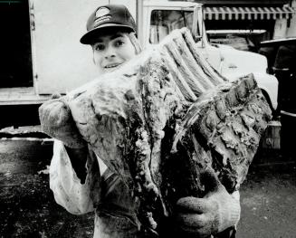 Gord Snyders hauls a slab of beef into the European Meat Market on Baldwin St