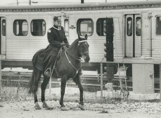Riding the rails. Metro police Constable Garry Harrison rides Prince on patrol along the Bloor subway line near Kipling station as the police bomb ale(...)