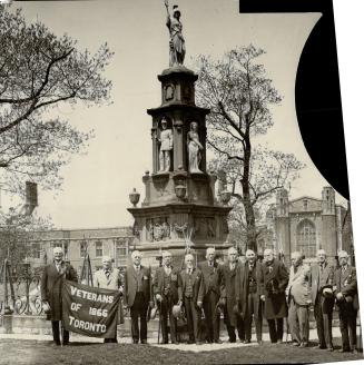 Far from the fanfare of the recent centennial parade, this group of Veterans of '66 gathered to decorated the Fenian Raid monument in Queen's Park. Toronto