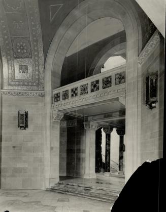 Ontario marble was used in the new wing of the Royal Ontario Museum in Toronto, being utilized in the floor, steps, pillars and decorative panels illustrated in this picture