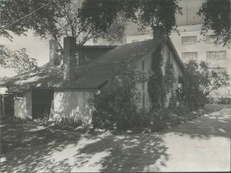 1815 Log Cabin, shaded by Lilacs and Elms, once had driveway and Rose Garden where apartment is now