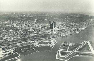 Image shows an aerial view of the Harbour and part of the island.