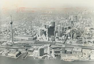 Image shows an aerial view of the Harbour buildings with CN Tower on the left.