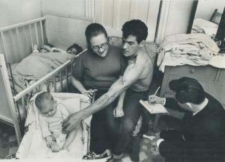Example 2. Mrs. And Mrs. Gerald Rogers talk with the star's Arnold Bruner. In the crib are Debbie, 3 and Doug, 2. The baby is Gerald jr., nine months