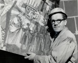 Artist, union tilt over Mural. Toronto artist R. York Wilson holds section of 100-foot mural at O'Keefe Centre which has sparked labor-art dispute. Br(...)