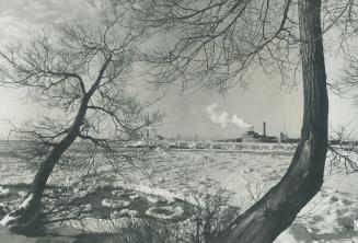 Image shows a lake covered with snow with a power plan in the far background.