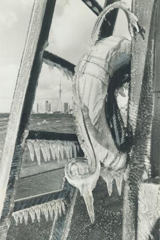 Image shows a life preserver and ladder in ice sheaths.