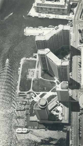 Image shows an aerial view of the Harbour buildings.