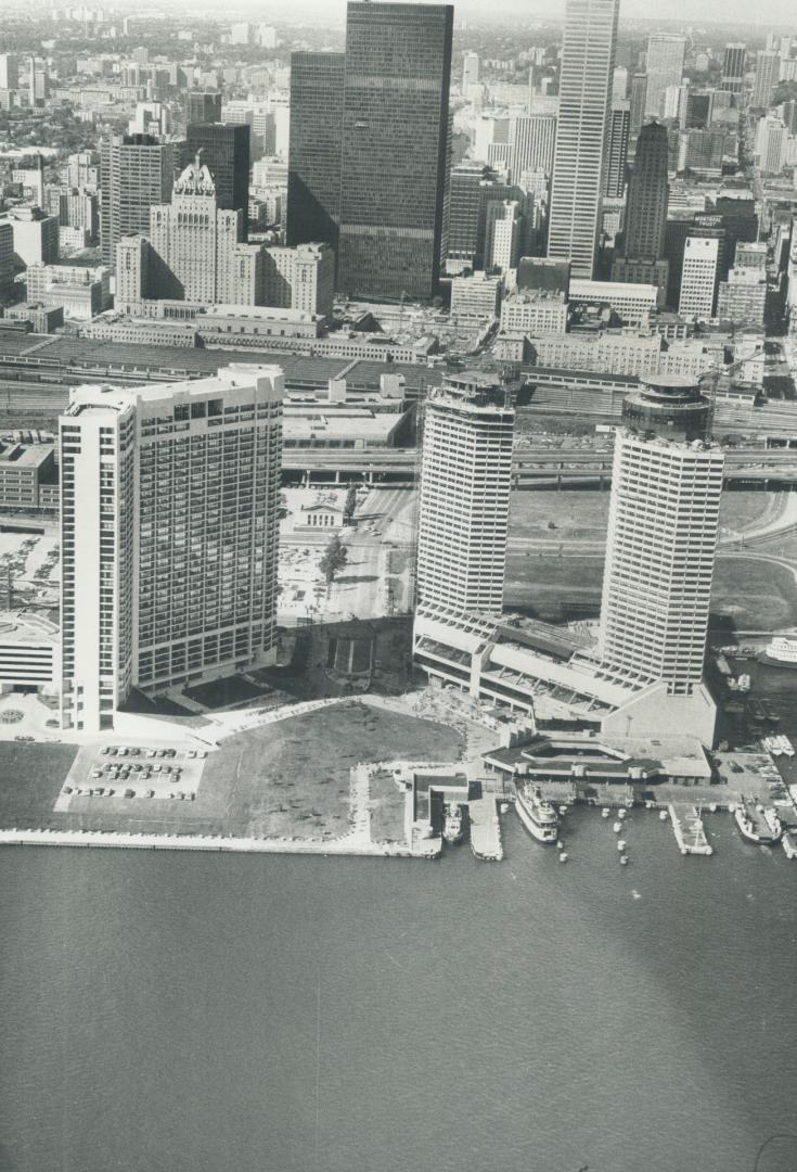 Image shows an aerial view of the Harbour buildings.