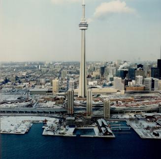 Image shows an aerial view of the Harbour with the CN Tower in the centre.