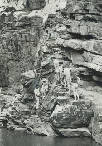 Ancient rocks, remains of an old sea bed that has broken and tilted, thrust through the Outback sands near Alice and in some of them, dating back one (...)