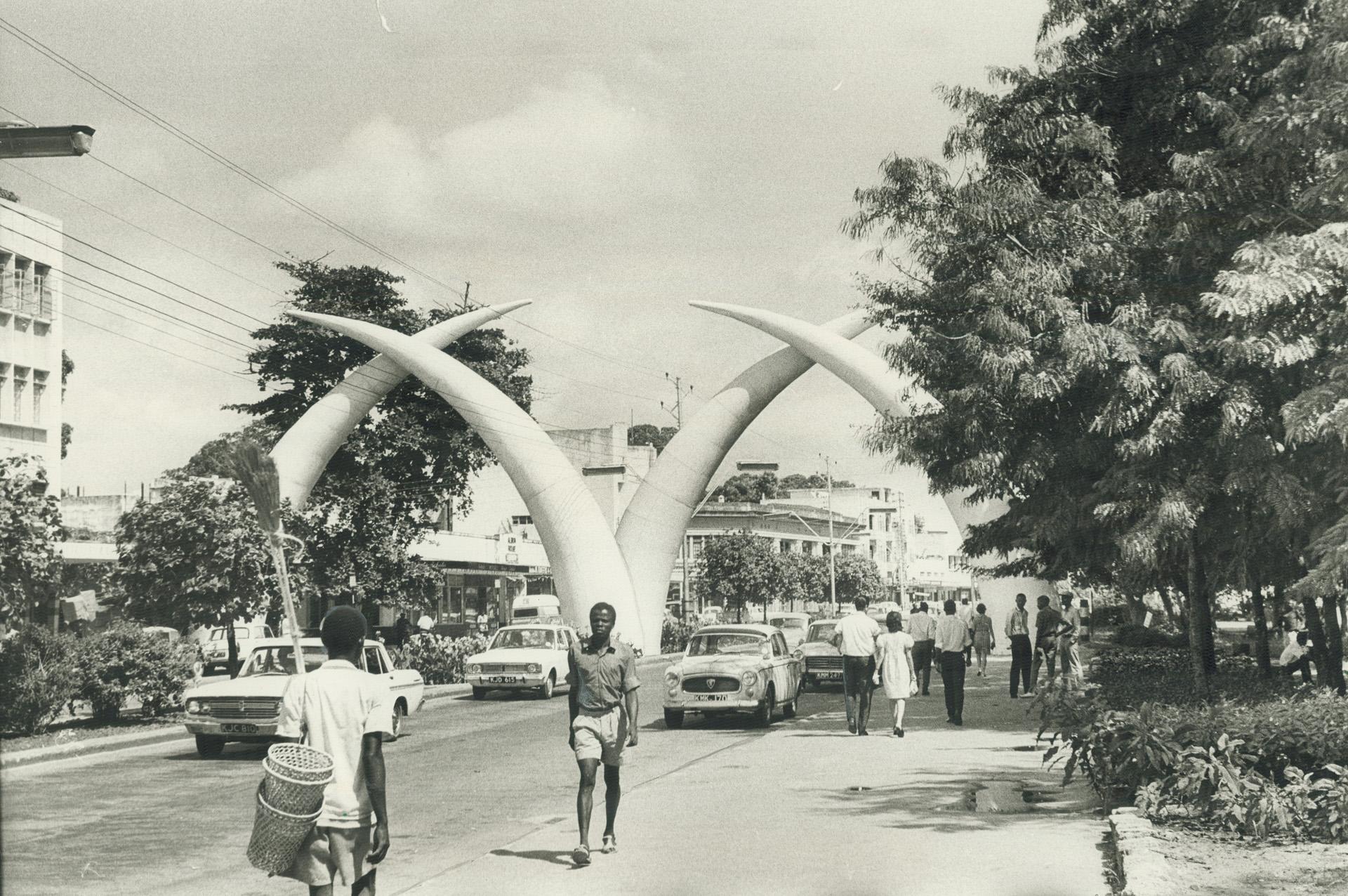 Sculpture representing elephant tusks forms ceremonial entrance to