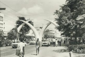 Sculpture representing elephant tusks forms ceremonial entrance to Mombasa