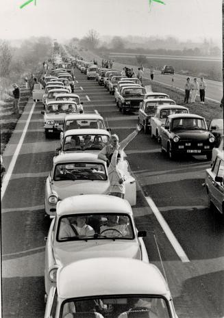 Happy Jam: A row of East German Cars extends 45 kilometres outside the West German border town of Helmstedt