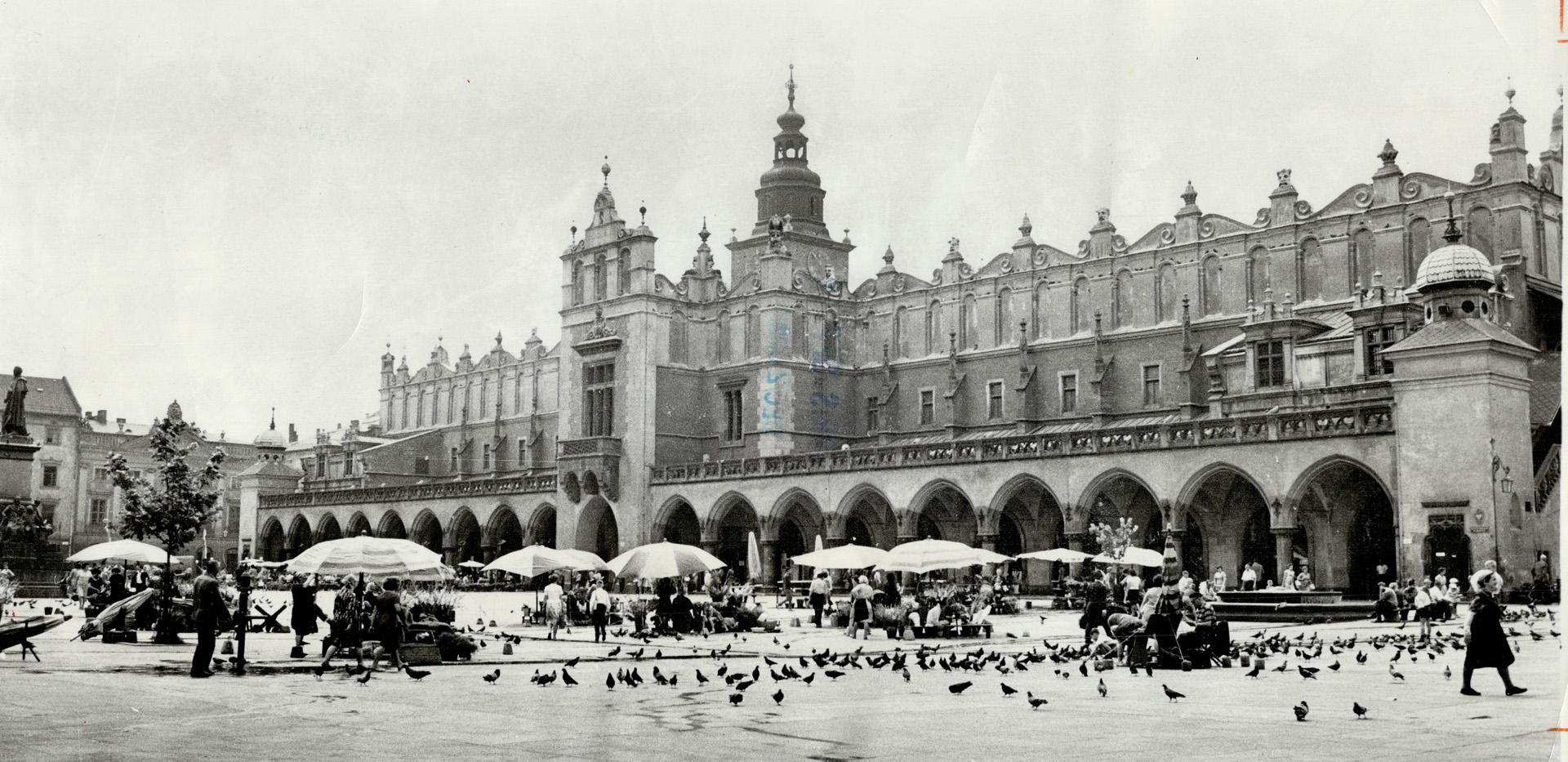 The magnificent 14th century city hall of Cracow, now a shopping arcade, dominates Market Square in an area of the city described as a masterpiece of medieval art