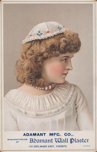 Side profile of a young woman with curly light brown hair wearing a white dress with a collar m ...