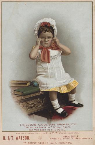 Illustration of a little girl in a white dress with a yellow petticoat, and a lacey collar. She ...