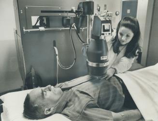 Nuclear Scanner is employed by technologist Nora Bokross to check patient's internal organs at York-Finch General Hospital. Scanner was bought with a grant from The Atkinson Charitable Foundation