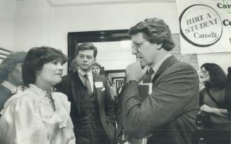 Jobs for students. Employment Minister Lloyd Axworthy talks with workers Michelle Morley and Douglas Reed at the opening of a new Canada Employment Ce(...)