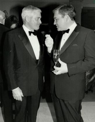 Power pow wow: Liberal leader John Turner and published Conrad Black hold deep discussion at party in the King Edward Hotel last night celebrating Saturday Night's second century