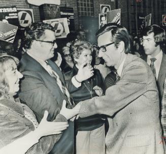 Enthusiastic Supporters congratulated Robert Bourassa at a Liberal rally in Hull yesterday after Quebec premier challenged his opponent, Parti Quebeco(...)