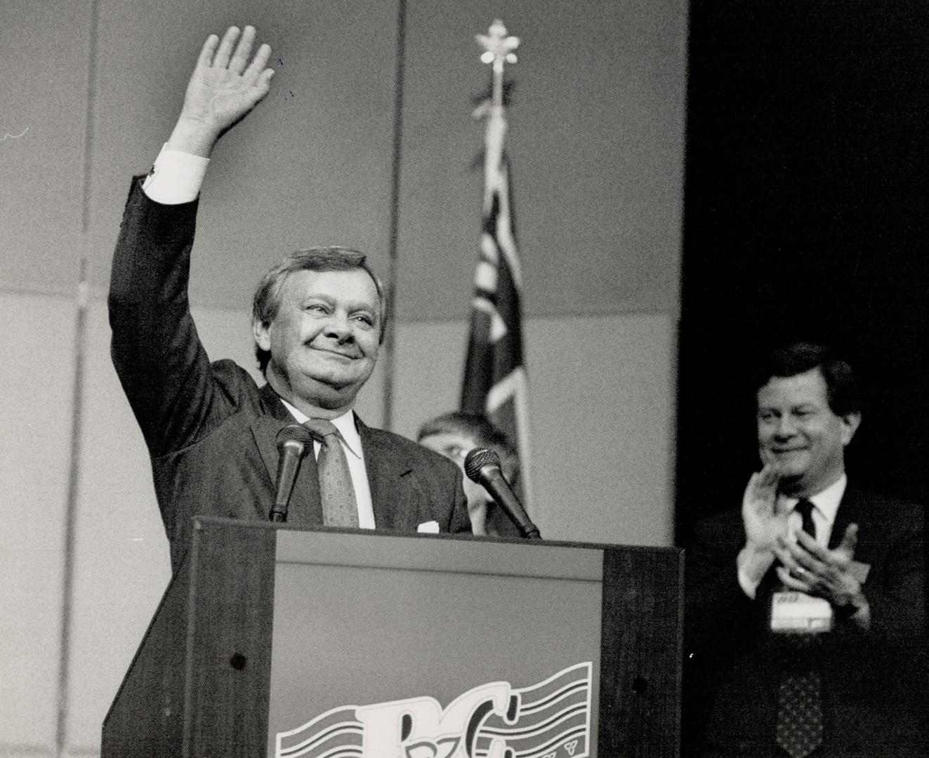Reaching Out: Interim leader Andy Brandt addresses Ontario Tories yesterday as former MPP David McFadden shows his approval of new leadership selection scheme