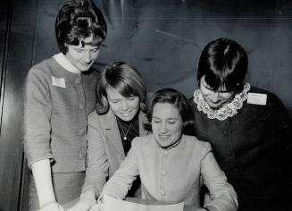 Three youth panel members talk to NDP'S Martha Brewin, From left, Arlene Moulds, Kathleen Chalmers, Miss Brewin and April English
