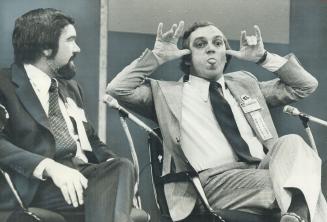 In a Bearpit session at the NDP convention in Winnipeg, Ed Broadbent replies to heckler