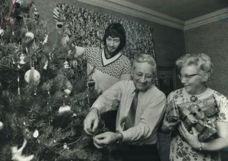Metro Chairman Albert Campbell finds evergreen branches a little prickly as he helps his wife Helen and son David, 23, with the Christmas decorating c(...)