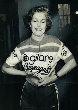 A good fitr but no relation, Iona Campagnolo, minister of state for fitness and amateur sport, tries on a shirt from the Campagnolo Bicycle Co. Mrs. C(...)