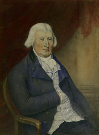 A painting of a man with long white hair, wearing a blue coat, a blue-and-white striped shirt, …