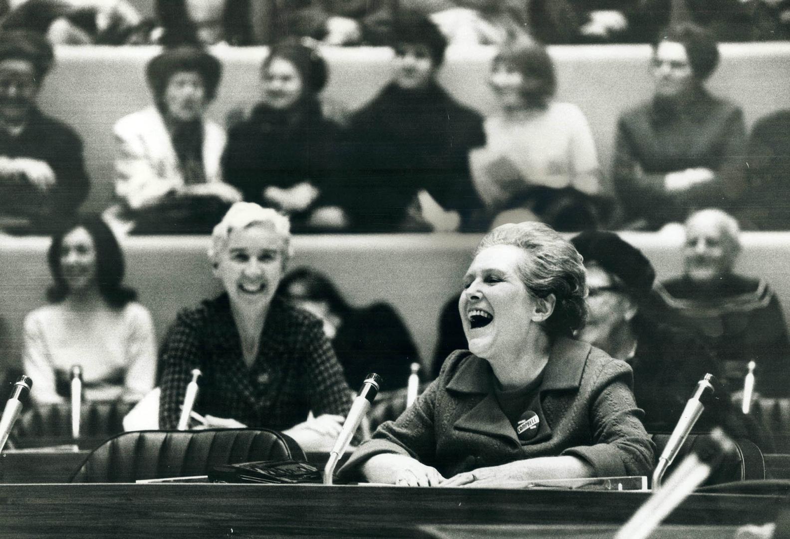 Margaret Campbell lets loose with a laugh at a meeting of the Women's Electors Association last night
