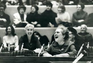Margaret Campbell lets loose with a laugh at a meeting of the Women's Electors Association last night