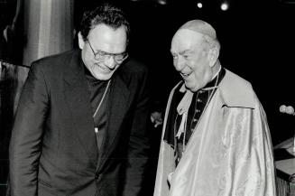 Archbishop Aloysius Ambrozic laughs with G
