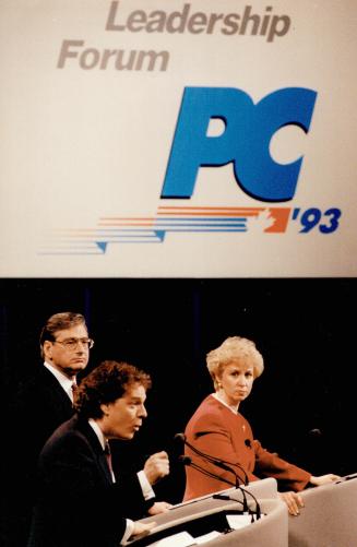 No Cakewalk: Jim Edwards, Jean Charest and Kim Campbell at the leadership debate in Toronto, where Campbell started to lose her lustre