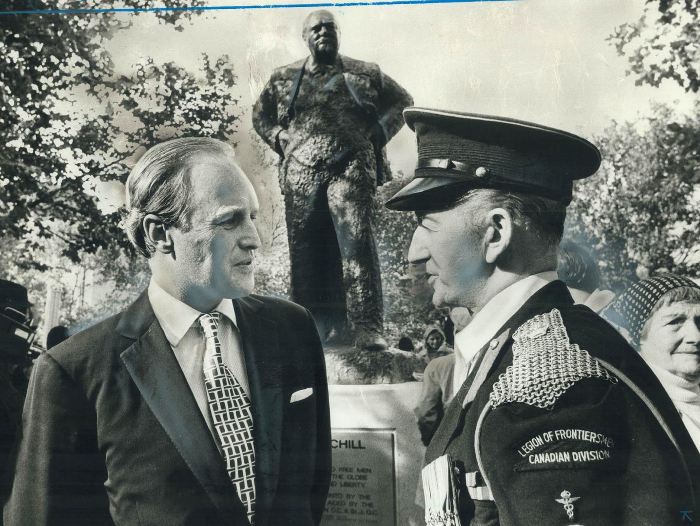 Grandson of Sir Winston, British MP Winston Spencer Churchill chats with World War II veteran Robert Crothars at the unveiling yesterday of the Sir Wi(...)