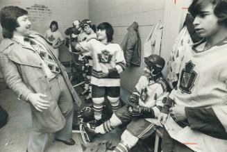 Steven Chuvalo, in his hockey gear, sits in the dressing room of the North York Rangers and watches a teammate take a playful swing at his father. Geo(...)
