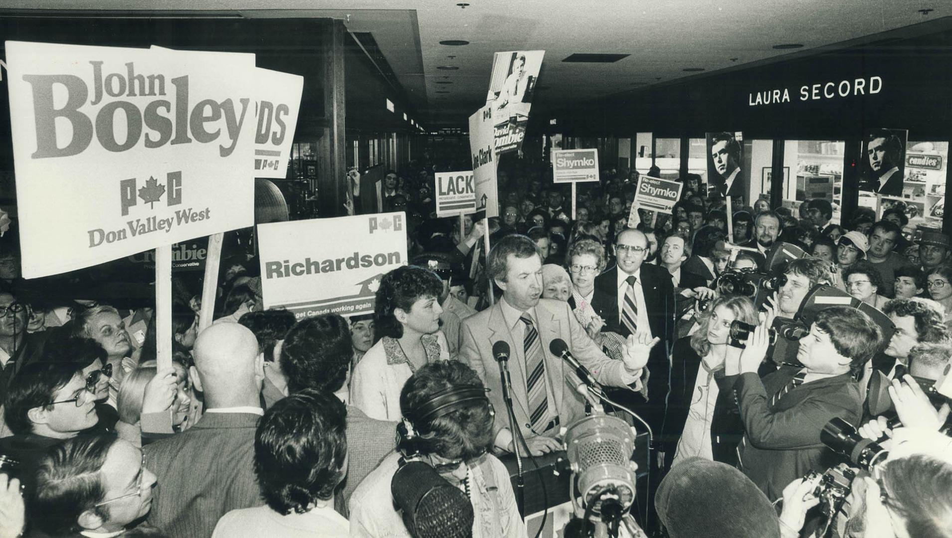 Clark is hemmed in at a rally in the concourse of the Toronto-Dominion Centre