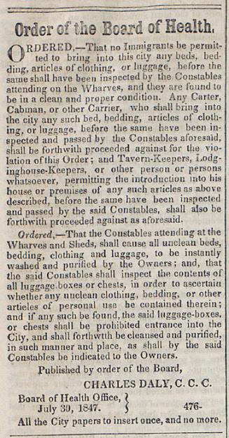 Order of the Board of Health concerning luggage, 30 July 1847